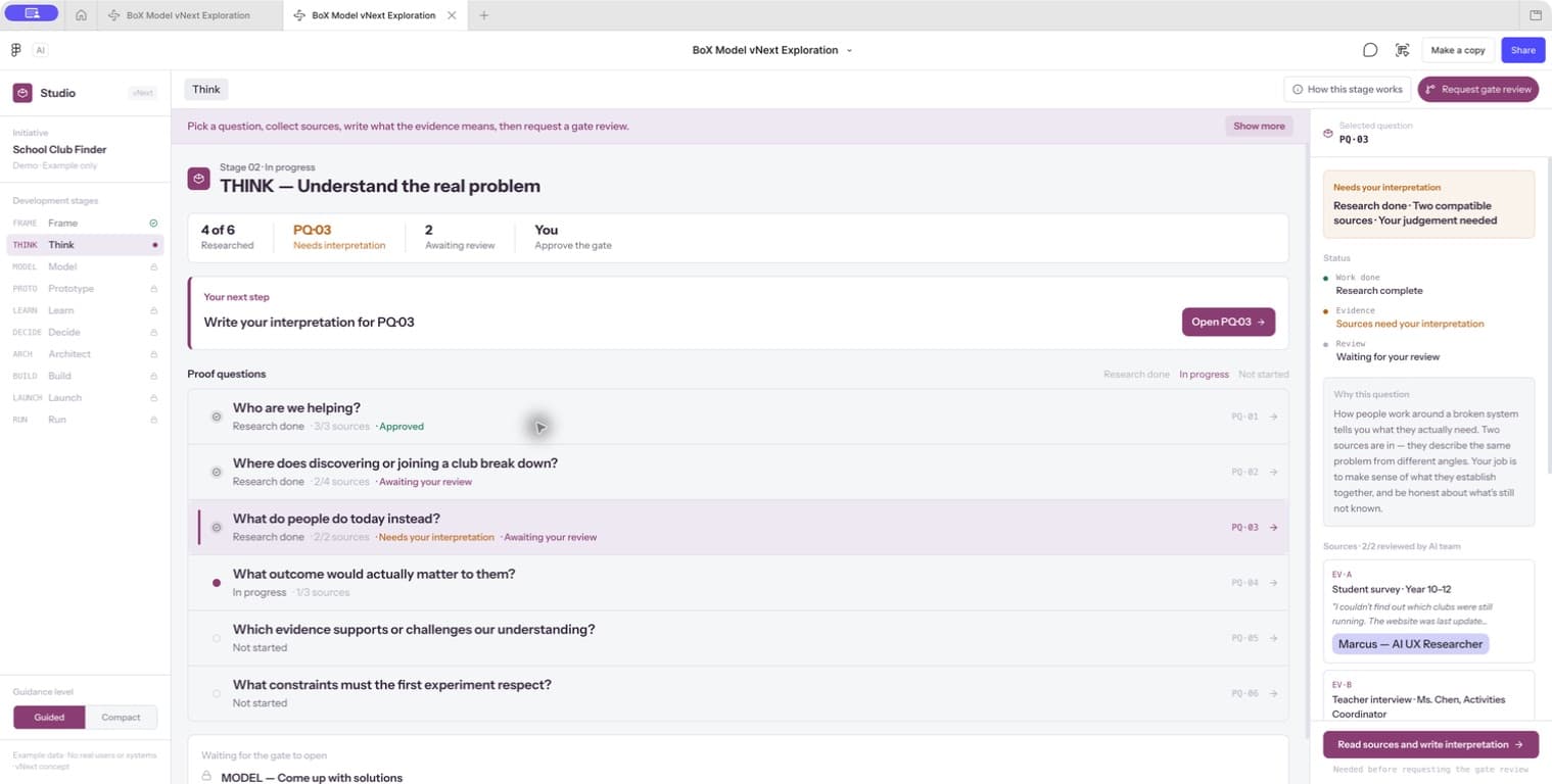 Version 23 Think workbench showing a question list, a current task and a selected question preview.