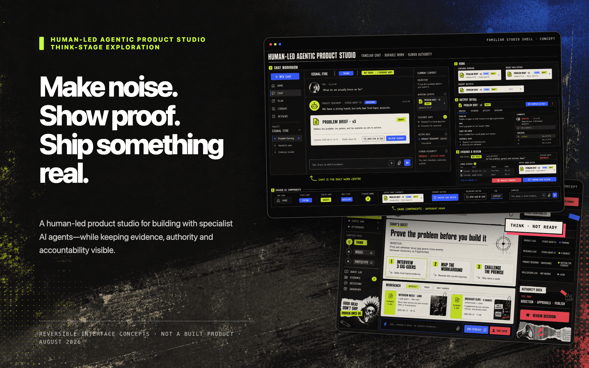 A Human-Led Agentic Product Studio concept combining a familiar chat workroom with an evidence-gated product-development experience.