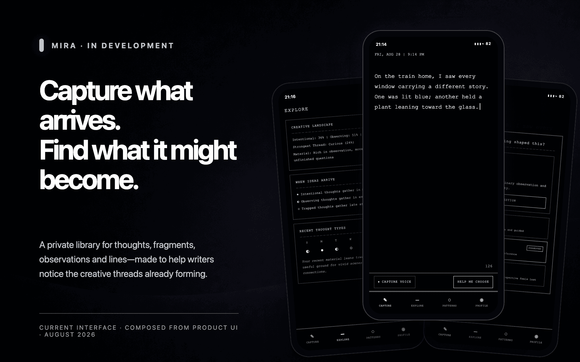 Mira's current in-development capture interface shown with explore and guided reflection screens behind it.