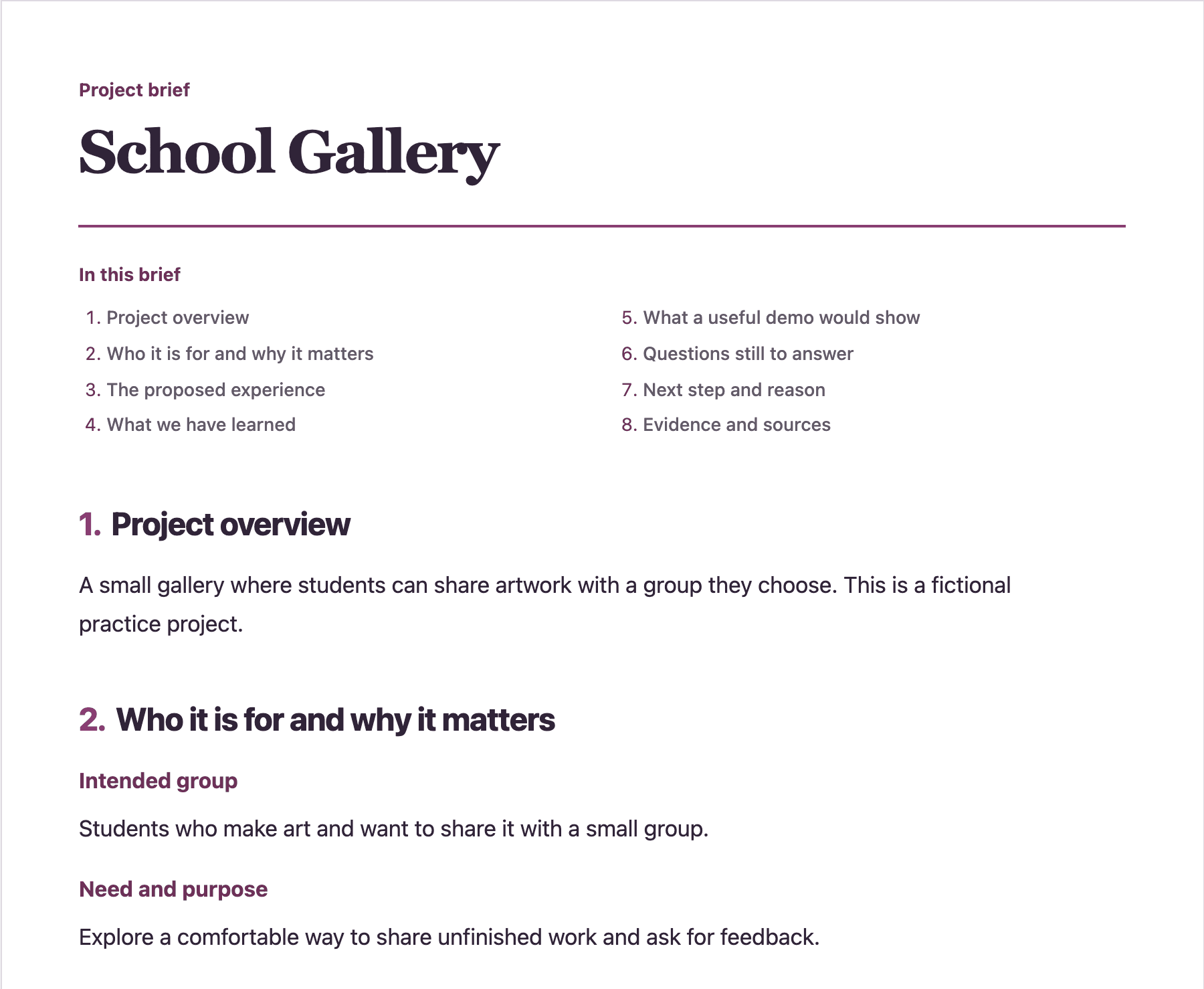 The opening of a fictional School Gallery project brief, with a contents list, numbered chapters, project overview, intended group and need.
