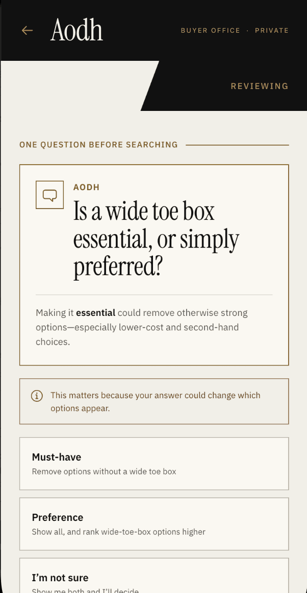 Aodh asks whether a wide toe box is essential or preferred and explains how the answer changes the options.