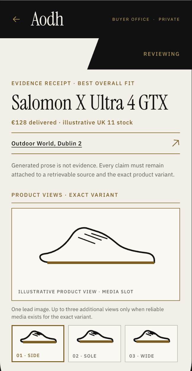 Aodh's illustrative evidence receipt showing the exact shoe variant, merchant reference and product-view placeholders.