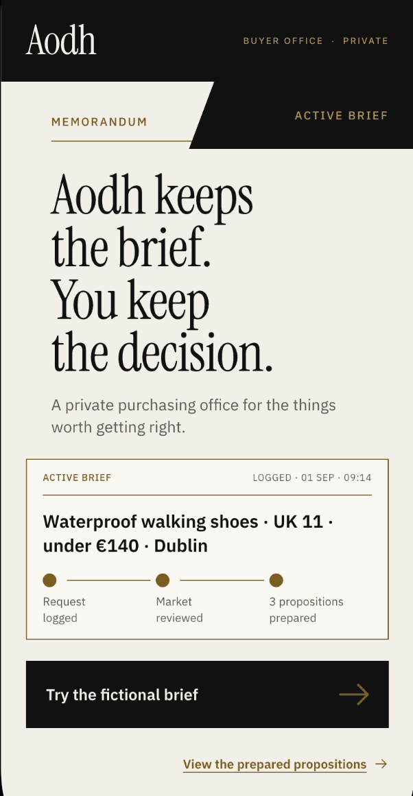 Aodh mobile memorandum introducing the buyer's brief and a fictional walking-shoe mission.