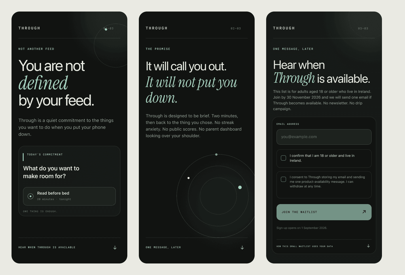Three Through mobile landing concepts showing the honest hero, product promise and governed signup state.