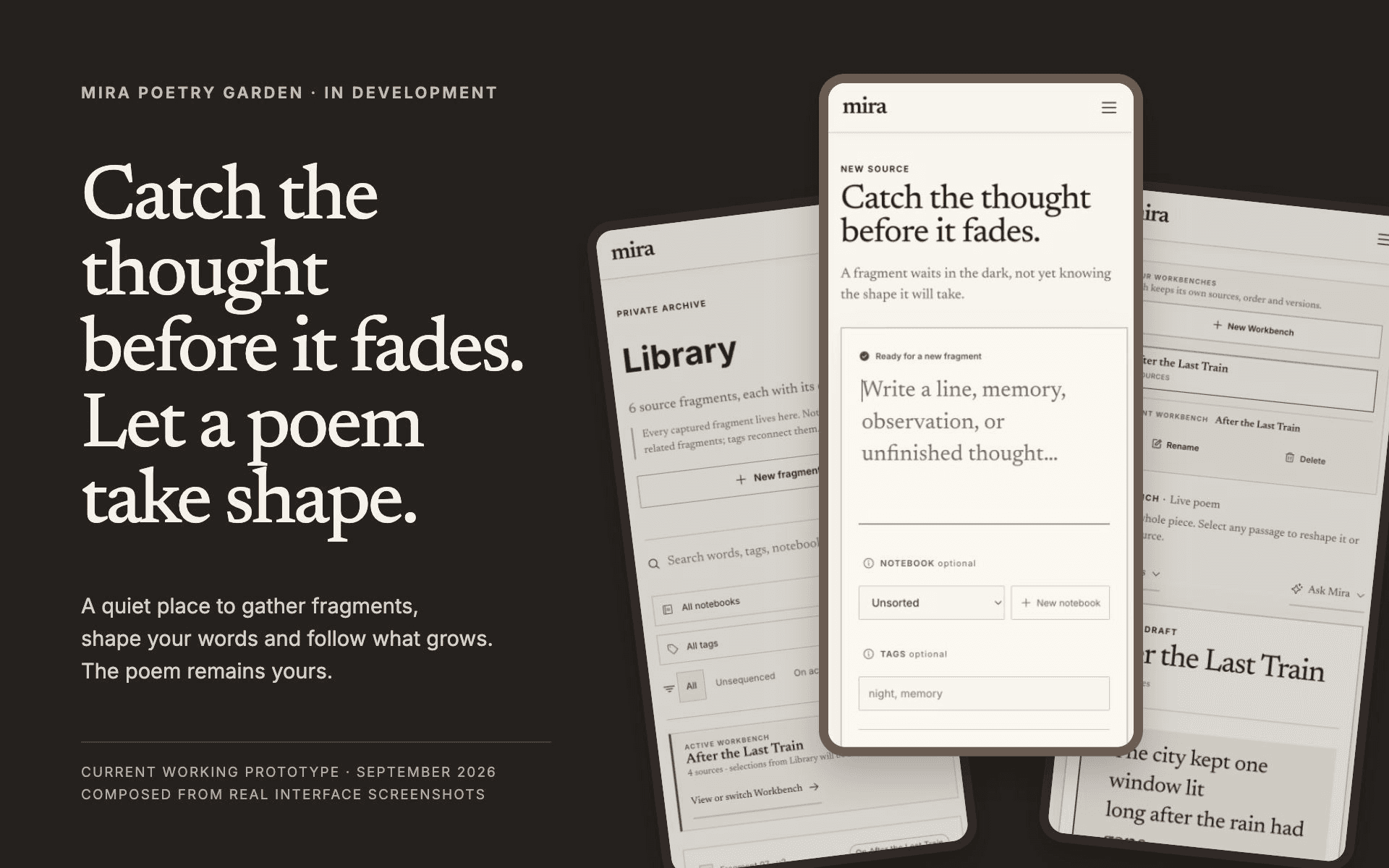 Mira Poetry Garden: Catch the thought before it fades. Let a poem take shape. Three phone-framed screenshots show the current Capture, Library and Workbench screens.