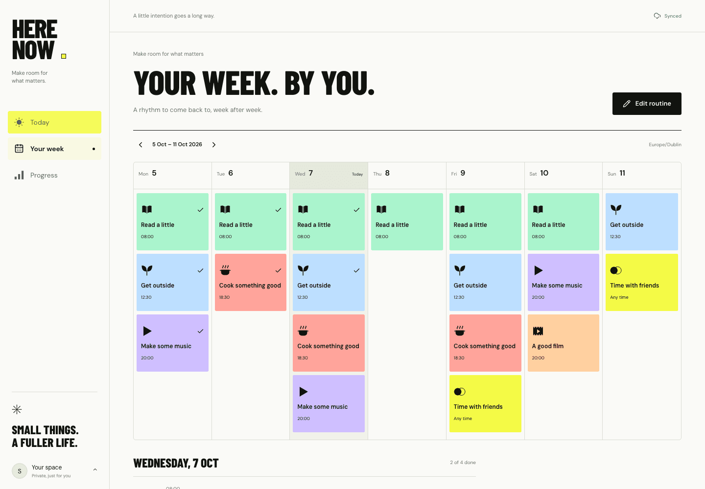 Here Now's weekly planner places fictional recurring activities into a seven-day timetable with bold typography, clear outlines and colourful activity markers.