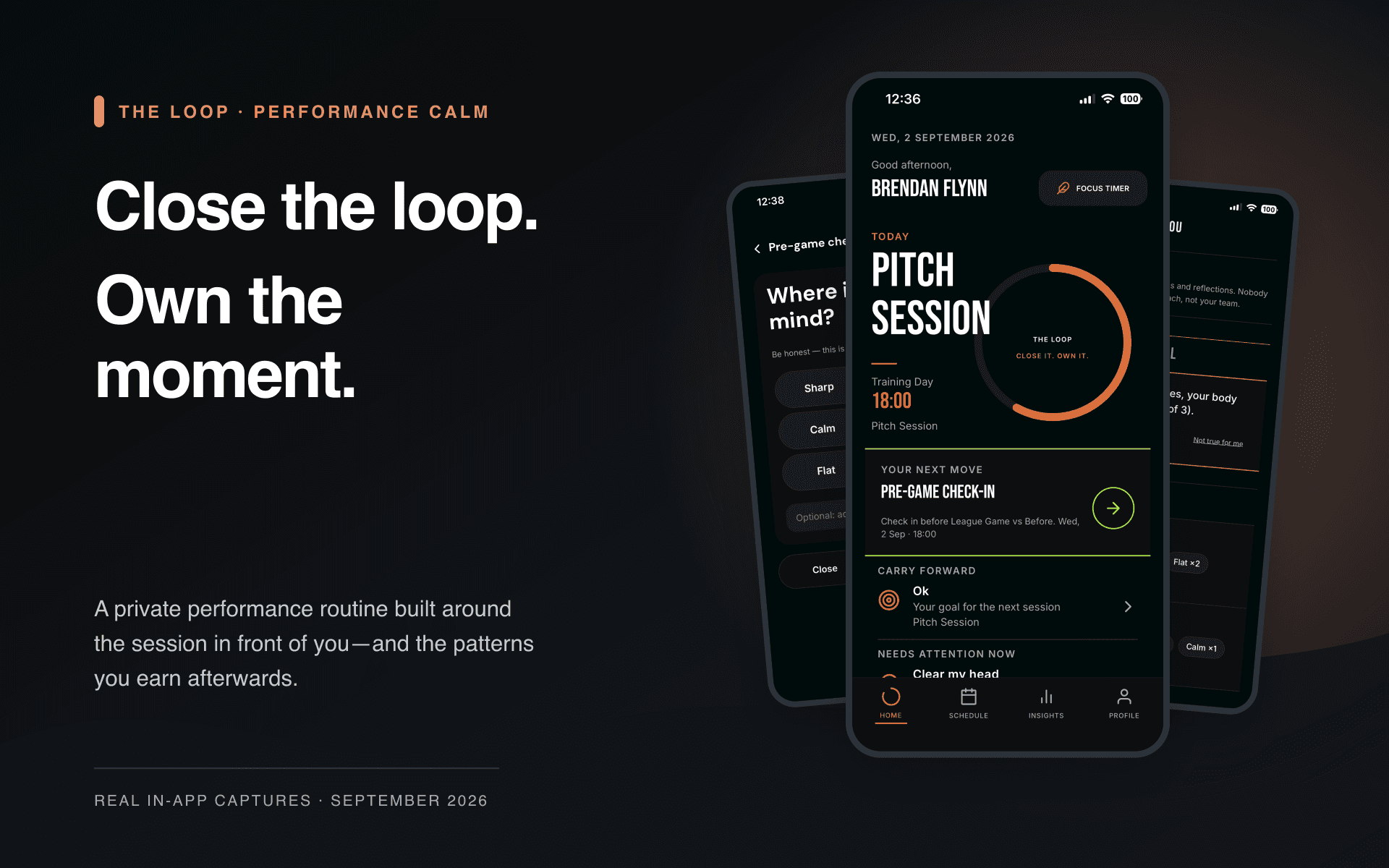 The Loop beta shown across three overlapping mobile screens, with the home screen in front and pre-training and personal-pattern views behind it.