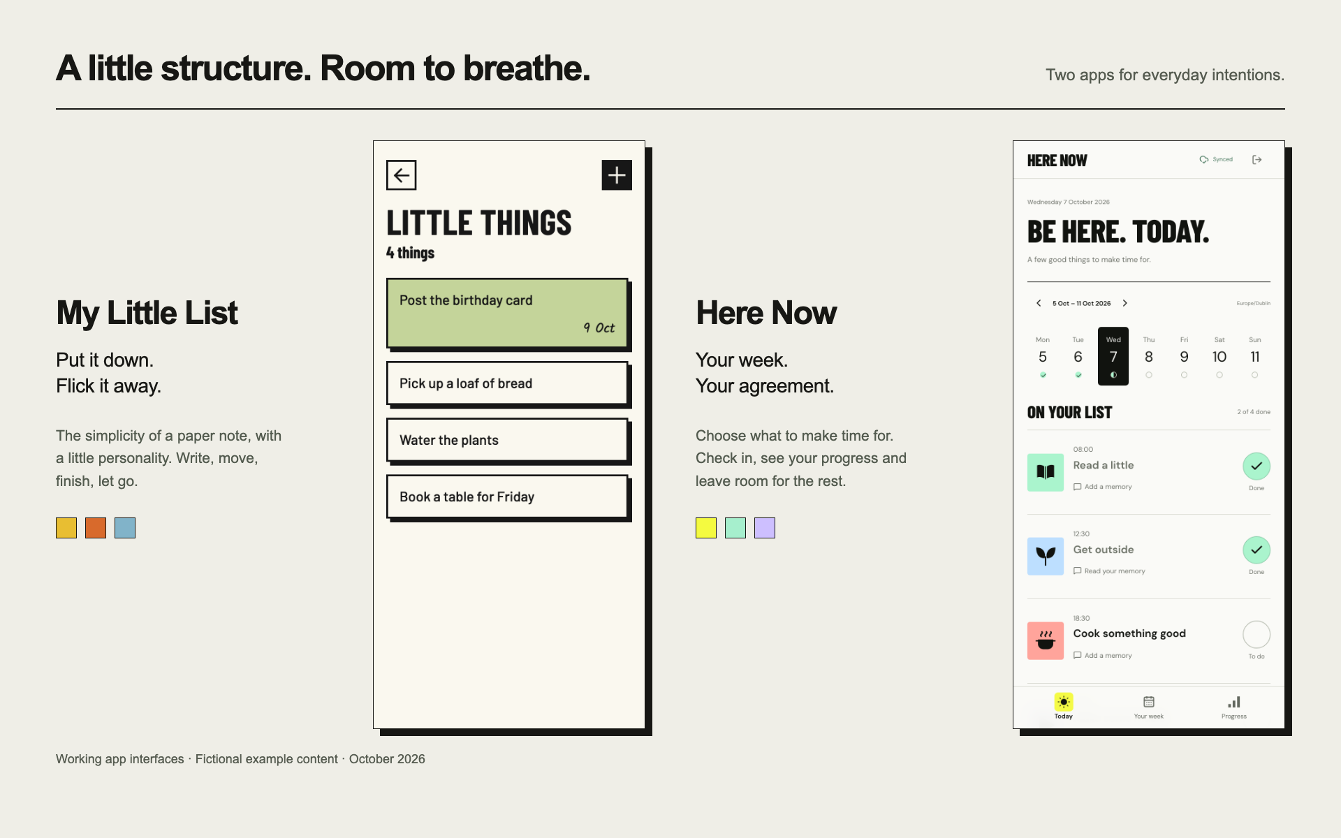 My Little List's colourful paper cards beside Here Now's bold weekly activity interface, showing two complementary approaches to everyday intentions.